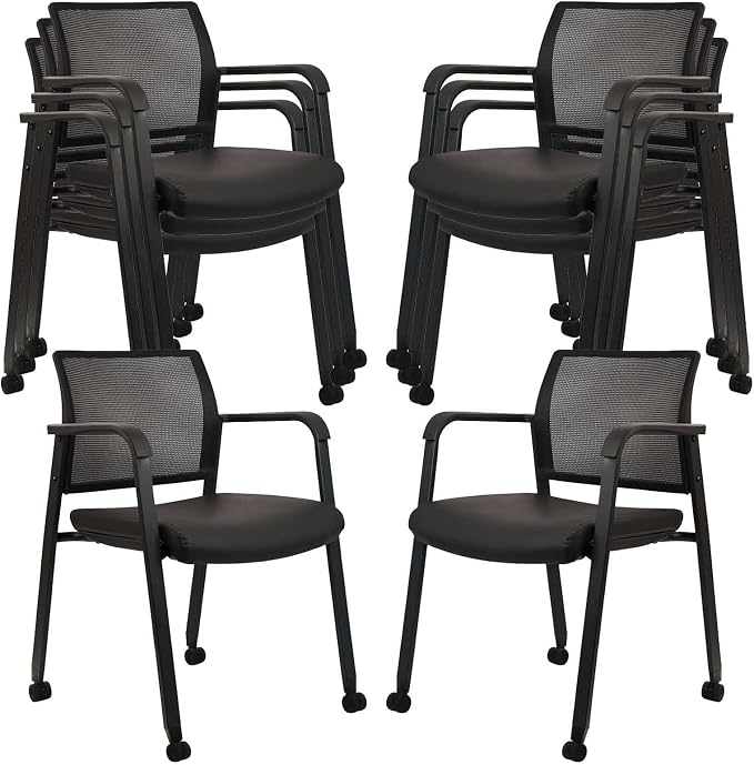 CLATINA Stacking Office Chair with Wheels, Mesh Back Waiting Room Guest Chairs with Arms Comfortable Leather Cushion Stackable Desk Chair for Conference Reception School Side Stationary, Black, 8 PK