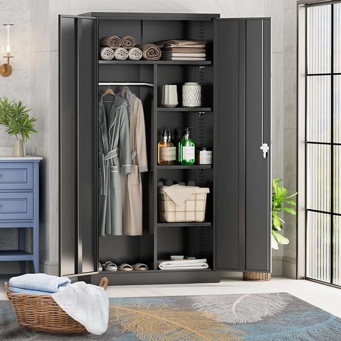 Greenvelly Metal Storage Wardrobe with 2 Doors, Black 72” Steel Storage Wardrobe Cabinet, Employees Locker Closet Clothing Coat Steel Wardrobe Cabinet with Hanging Rod for Garage, Gym, Home Office