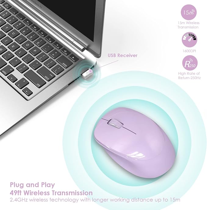 Leadsail Wireless Mouse for Laptop - 2.4G Silent Cordless USB Slim Wireless Optical Computer Mouse, 3 Buttons, 1600 DPI for Windows 10/8/7/Mac/Macbook Pro/Air/HP/Dell/Lenovo/Acer - Purple