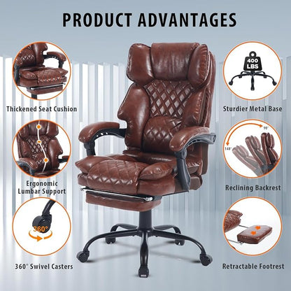 Reclining Ergonomic Executive Office Chair With Footrest, 400lbs Big Tall Recliner Desk Chairs with Lumbar Support, Heavy Duty High Back Vintage Leather Home Computer Chair with Wheels, Brown