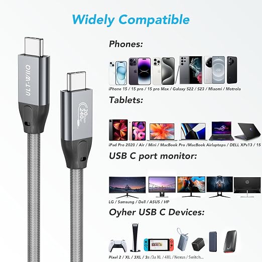 ULT-WIIQ 1FT USB C to USB C 3.2 Gen 2 x 2 Video Cable for Portable Monitor, 4K@144/120/60Hz 8K Display Cable, 20Gbps Data Transfer, PD 3.1 240W Fast Charging, for iPhone 17, MacBook, SSD, CarPlay