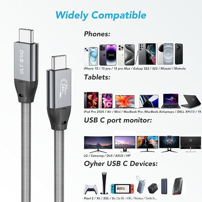 ULT-WIIQ 1FT USB C to USB C 3.2 Gen 2 x 2 Video Cable for Portable Monitor, 4K@144/120/60Hz 8K Display Cable, 20Gbps Data Transfer, PD 3.1 240W Fast Charging, for iPhone 17, MacBook, SSD, CarPlay