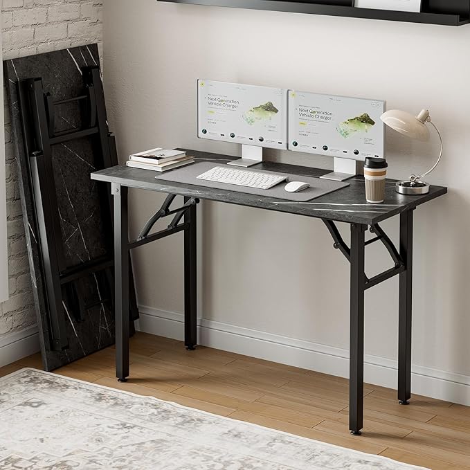 Frylr Small Folding Computer Desk – Portable 44.3 Inch Foldable Laptop Table, Collapsible and Compact for Easy and Fast Setup, Lightweight for Small Spaces, Home Craft and Study Use, Marble Greige