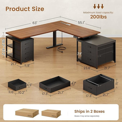 SEDETA L Shaped Electric Standing Desk with 7 Drawers, 63"×55.1" Height Adjustable Stand Up Desk with Power Outlets, 28.3"-47.2" Sit Stand Desk with Storage Shelves, 3 Memory Presets, Black + Brown