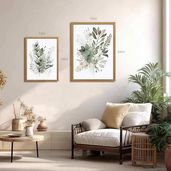LLEEMPI Sage Green Wall Art Set of 3, Modern Watercolor Botanical Wall Decor, Eucalyptus Leaf Canvas Painting, Classic Minimalist Florals Poster Print for Bedroom Bathroom Office 12x16 Inch Framed Included (Total Size)