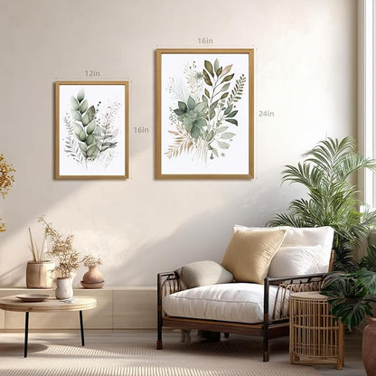 LLEEMPI Sage Green Wall Art Set of 3, Modern Watercolor Botanical Wall Decor, Eucalyptus Leaf Canvas Painting, Classic Minimalist Florals Poster Print for Bedroom Bathroom Office 12x16 Inch Framed Included (Total Size)