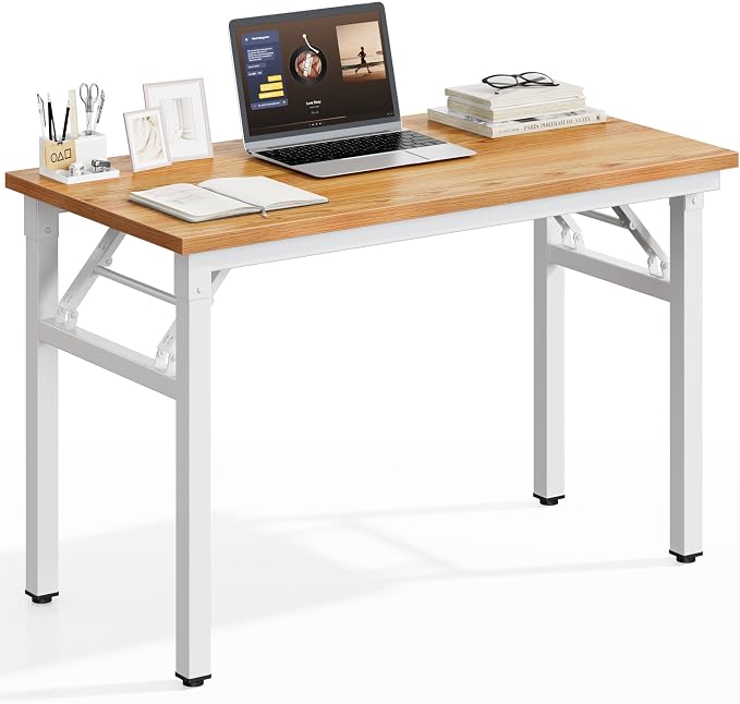 DlandHome Folding Desk for Small Spaces, 35.8IN Computer Desk Folding Table, Foldable Office Desk Computer Table Writing Workstation for Home Office, Study, Bedroom, No Assembly Required, Teak & White