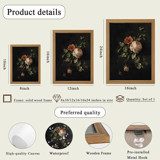 CXQILVER Framed Vintage Dark Floral Wall Art, Botanical Rose Canvas Print, Antique Still Life Flower Painting Rustic Dark Academia Wall Decor, Classical Floral Artwork for Bedroom Living Room 8x10in