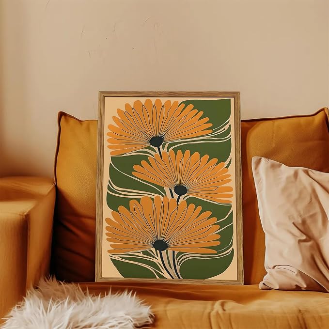 Framed Boho Floral Canvas Wall Art, Vintage Flower Pictures Wall Decor, Abstract Botanical Paintings Prints Maximalist Home Decor for living Room Bedroom Office 16x24 inch