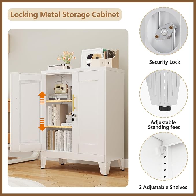 GAIOUS 36" Metal Floor Storage Cabinet, Locked Steel Storage Cabinets with 2 Doors and 2 Adjustable Shelves, White Kitchen Cabinet, Freestanding Cabinet for Home/Office/Garage/Tool Room/Bathroom