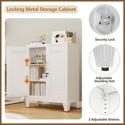GAIOUS 36" Metal Floor Storage Cabinet, Locked Steel Storage Cabinets with 2 Doors and 2 Adjustable Shelves, White Kitchen Cabinet, Freestanding Cabinet for Home/Office/Garage/Tool Room/Bathroom