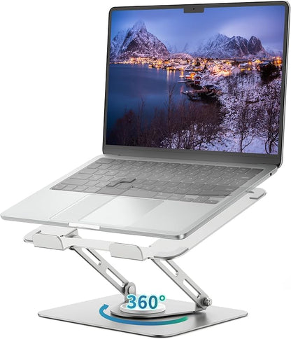 ALASHI Laptop Stand for Desk with 360° Rotating Base, Multi-Angle Adjustable Laptop Stands, Foldable Laptop Riser Compatible with 10 to 17 Inches PC Computer, Silver