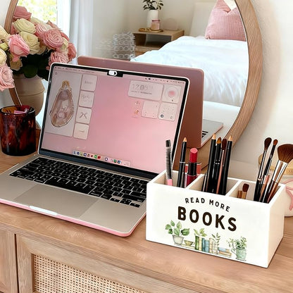 Book Lovers Gifts Pen Holder, Book Reader Gifts Pencil Holder for Desk, Read More Books Wooden Box Sign Decorations for Reading Room Corner Nook Classroom Desk Tabletop