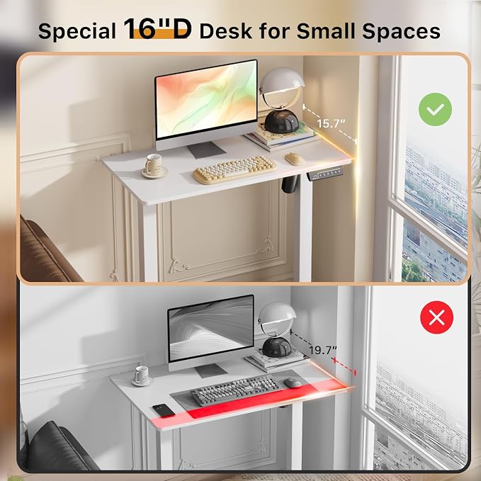 JOY worker Small Electric Standing Desk, 31.5" x 15.75" Whole Piece Height Adjustable Desk with Memory Controller, White Sit to Stand Workstation for Home Office
