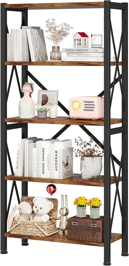Homeiju 5-Tier Bookshelf,Wood Bookcase,Book Shelf with Steel Frame, Storage Rack with Open Shelves, Rustic Standing Bookshelves Ladder Shelf 110lbs/shelf for Bedroom,Living Room and Home Office