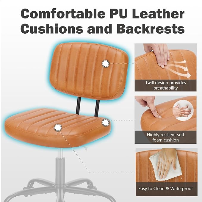 DUMOS Armless Home Office Chair: Small Desk Chair with Low Back Lumbar Support, Height Adjustable PU Leather Computer Task with 360° Swivel Wheels, for Adults, Brown