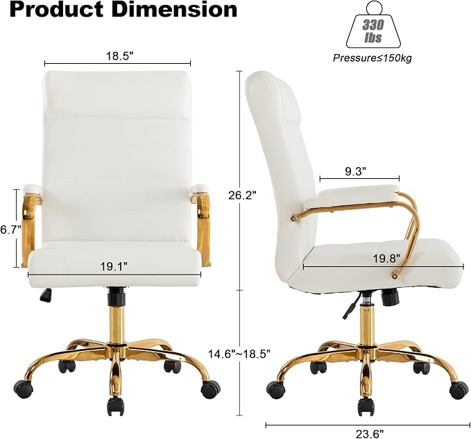 White and Gold Office Desk Chair, Modern Leather Conference Room Chairs, High Back Ergonomic Home ofiice Chair, Adjustable Height Swivel Executive Computer Chair with Padded Seat and Armrest