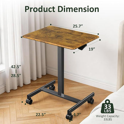 Adjustable Height Mobile Standing Desk with Lockable Casters, Rolling Sit Stand Laptop Computer Desk, Portable Compact Workstation for Home Office Dorm, Brown