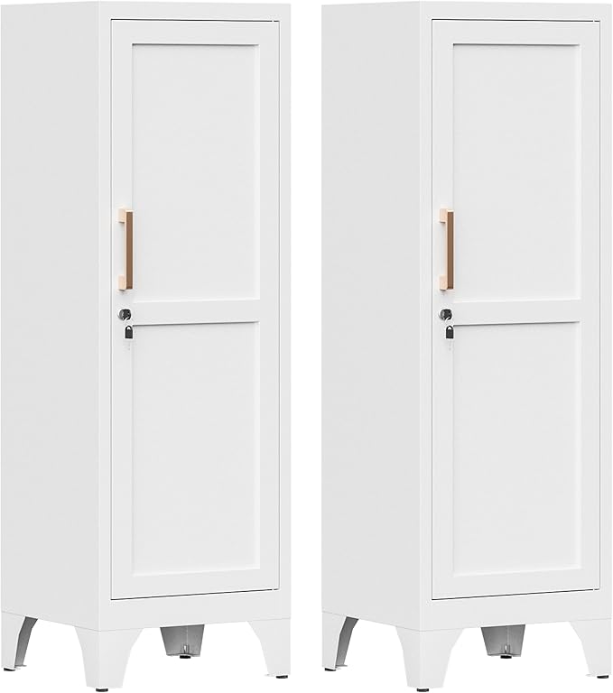 46"H White Metal Locker Set of 2,Small Locking Cabinet with 1 Door and 2 Adjustable Shelves For Employees,3 Tier Small Storage Cabinet with Detachable Legs for Kitchen, Office,School,Gym,Easy Assembly