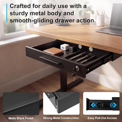 Menkxi 20'' x 9'' Under Desk Drawer Slide Out Storage Organizer, Lockable Metal Desk Drawer for Laptop and Office Accessories, Large Hidden Under Table Storage Box with Cable Management, Black