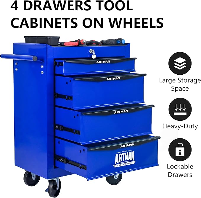 RYH 4 Drawers Rolling Tool Chest - 13" D x 20.9" W x 30.5" H Heavy Duty Mobile Tool Cart with Locking Wheels & Ball Bearing Drawers, Garage Tool Storage Cabinet (Blue, 4 Drawers)