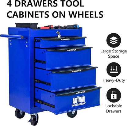 RYH 4 Drawers Rolling Tool Chest - 13" D x 20.9" W x 30.5" H Heavy Duty Mobile Tool Cart with Locking Wheels & Ball Bearing Drawers, Garage Tool Storage Cabinet (Blue, 4 Drawers)