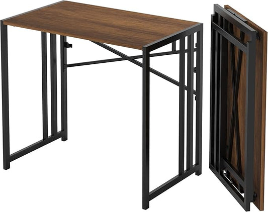 Lutown-Teen 35 inch Folding Small Desk, Writing Gaming Computer Camping Desk for Small Spaces, No Assembly Required Home Office Table, Mahogany