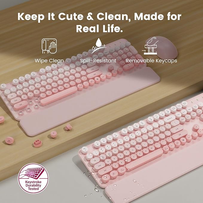 Wireless Keyboard and Mouse Combo, Magnetic Soft-Touch Wrist Rest, Round Keycaps, Full-Size Retro Typewriter Keyboard, 2-Stage Tilt Legs, Auto Sleep, 2.4GHz Cordless for Windows PC, Blush Pink Ombre
