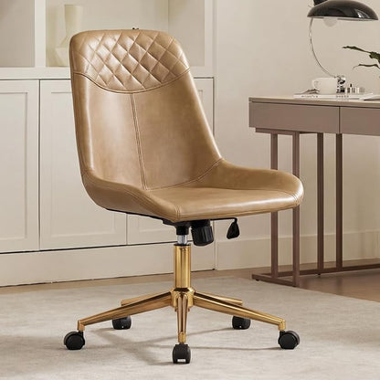 DUHOME Modern PU Leather Office Chair Desk Chair Swivel Computer Chair with Gold Base Camel