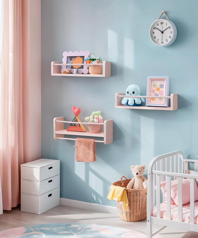 Maxpeuvon Nursery Book Shelves, Set of 3 Kids Bookshelves Natural Wood Wall Mount Organizer with Towel Bar Hanging Nursery Decor for Kids Room, Playroom, Bedroom and Kitchen, Pink
