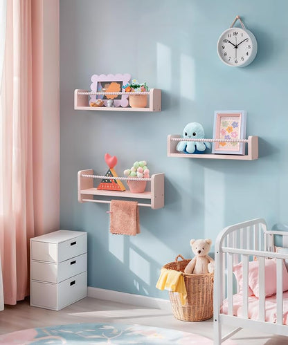 Maxpeuvon Nursery Book Shelves, Set of 3 Kids Bookshelves Natural Wood Wall Mount Organizer with Towel Bar Hanging Nursery Decor for Kids Room, Playroom, Bedroom and Kitchen, Pink