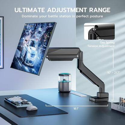 ARES WING Ultrawide Monitor Arm, Heavy Duty Single Monitor Mount for 13"-49" Curved Screens with USB, Adjustable Stand for Desk with C-clamp & Grommet Base up to 40 LBS, Black