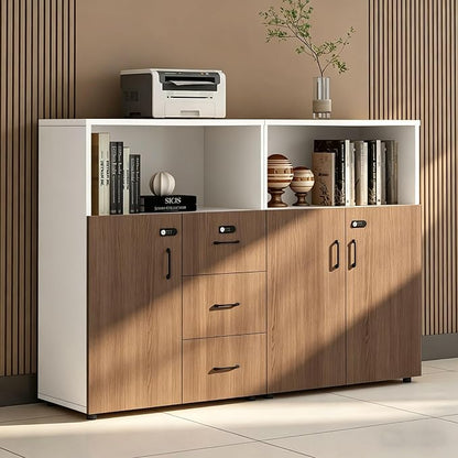 File Cabinet with Password Lock, Wood Lateral Filing Cabinet for Letter/A4 Files, 3 Drawer with Door, Printer Stand with Open Shelves for Home Office