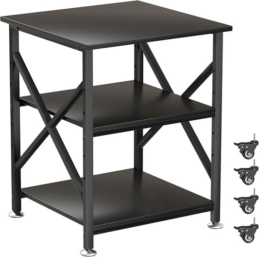 Printer Stand, 23.6 x 23.6 Inches Large Printer Stand with Adjustable Storage Shelf, 3 Tier Printer Table for Home Office, Rolling Printer Cart with Industrial Wheels, Mini Fridge Stand Table, Black