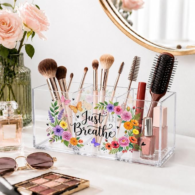 Just Breathe Acrylic Pen Holder Organizer with 3 Compartments, Colorful Floral & Butterfly Design, Desk Organizer for Pens, Makeup, Office Supplies, Cute Desk Accessories for Women Girls