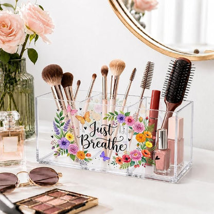 Just Breathe Acrylic Pen Holder Organizer with 3 Compartments, Colorful Floral & Butterfly Design, Desk Organizer for Pens, Makeup, Office Supplies, Cute Desk Accessories for Women Girls