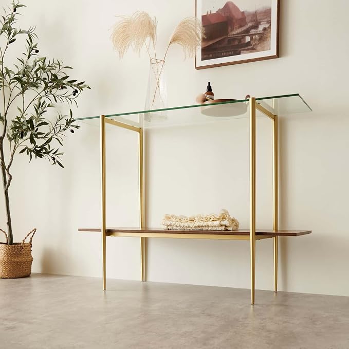 LumFurn Glass Console Table for Living Room, Foyer & Entrance, 2-Tiers Mid-Century Modern Sofa Table with Clear Glass Top, Walnut Finish Wood Top and Gold Finish Metal Frame