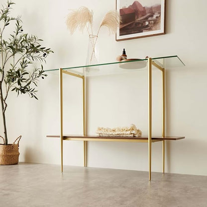 LumFurn Glass Console Table for Living Room, Foyer & Entrance, 2-Tiers Mid-Century Modern Sofa Table with Clear Glass Top, Walnut Finish Wood Top and Gold Finish Metal Frame
