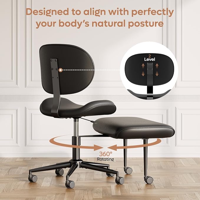 Pinmoco Upgraded Cross Legged Office Chair with Wheels, ADHD Chair for Adults, Wider Height Adjustable Backrest and Seat, Meditation Chair, Ergonomic & Yoga Office Chair, PU Leather, Black