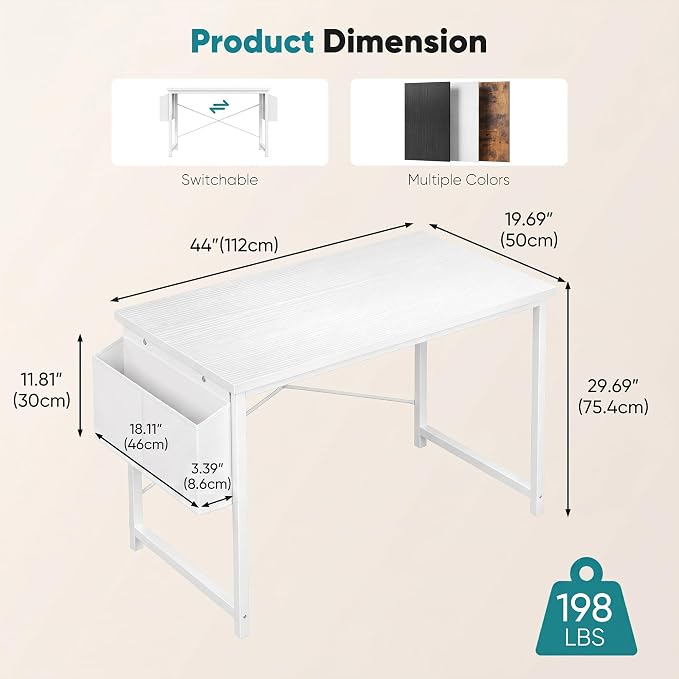 OLIXIS Computer Desk, 44 Inch Home Office Desks for Small Spaces, Writing Craft Study Gaming Table for Bedroom, Modern Computer Workstation with Storage Bag and Headphone Hook, White