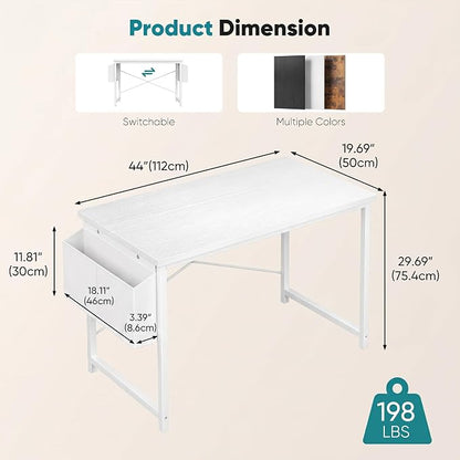 OLIXIS Computer Desk, 44 Inch Home Office Desks for Small Spaces, Writing Craft Study Gaming Table for Bedroom, Modern Computer Workstation with Storage Bag and Headphone Hook, White