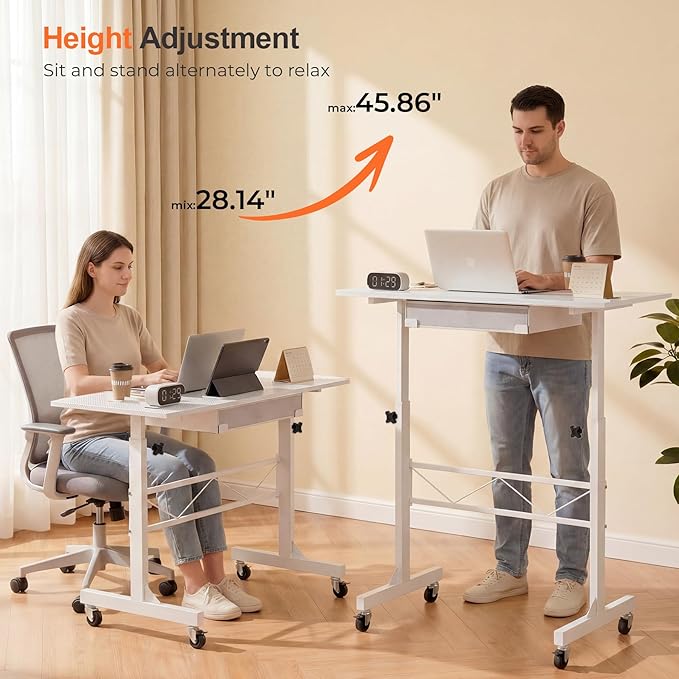 COMHOMA Small Standing Desk with Storage Drawer, Mobile Height Adjustable Rolling Sit Stand Desk with Lockable Wheels 4‑Level Portable Laptop Desk for Small Space Home Office Treadmill Workstation