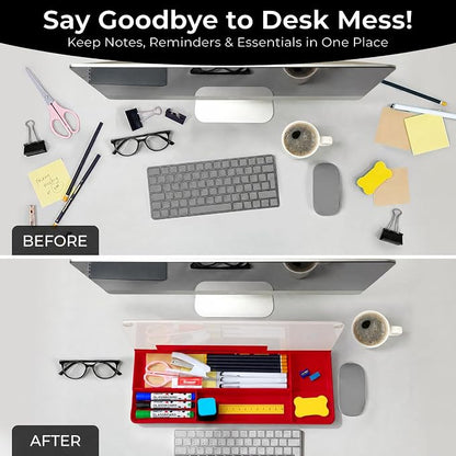 Chalkola Red/White Glass Desktop Whiteboard with Storage - Dry Erase Board, Work Desk Organizers, Computer Keyboard Stand, Home Office Desk Accessories, Workspace Desktop Buddy