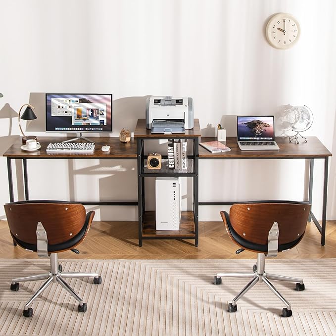 Tangkula 97" Extra Long 2-Person Computer Desk with Power Outlet, Home Office Computer Workstation with Printer Stand, Metal Mesh Shelf & CPU Stand, Double Gaming Table (Rustic Brown)