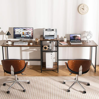 Tangkula 97" Extra Long 2-Person Computer Desk with Power Outlet, Home Office Computer Workstation with Printer Stand, Metal Mesh Shelf & CPU Stand, Double Gaming Table (Rustic Brown)