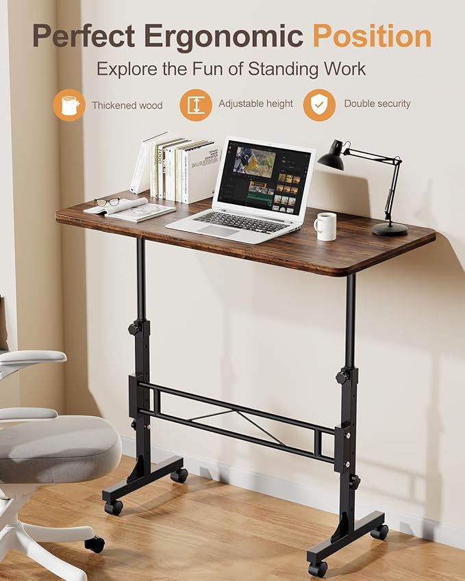 Amztabler Small Standing Desk Adjustable Height, Mobile Stand Up Desk with Wheels, 32 Inch Portable Rolling Desks Conference Room Tables for Walking Pad Treadmill Wood Rustic