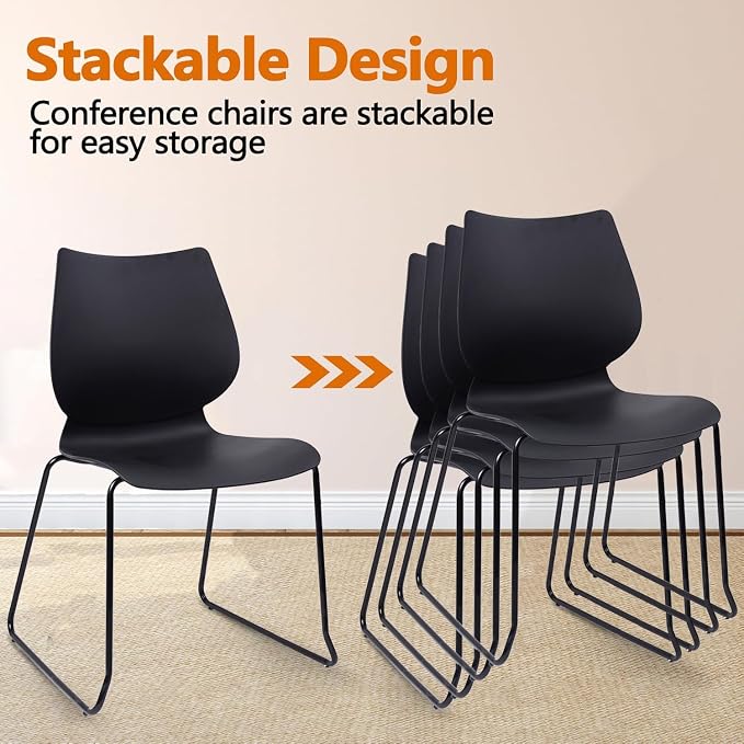 KLASIKA Stackable Waiting Room Chair, Stacking Office Chair with Ergonomic Lumbar Support and Metal Legs, Plastic Desk Chairs for Conference School Church Guest Reception Set of 8, Black