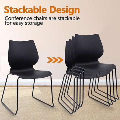 KLASIKA Stackable Waiting Room Chair, Stacking Office Chair with Ergonomic Lumbar Support and Metal Legs, Plastic Desk Chairs for Conference School Church Guest Reception Set of 4, Black