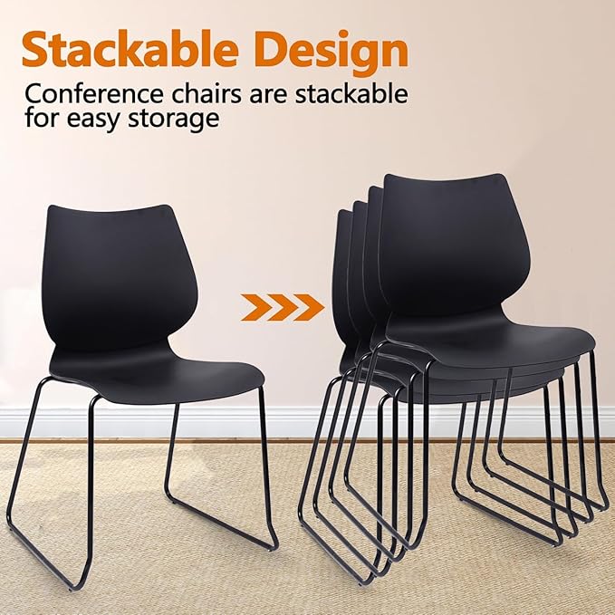 KLASIKA Stackable Waiting Room Chair, Stacking Office Chair with Ergonomic Lumbar Support and Metal Legs, Plastic Desk Chairs for Conference School Church Guest Reception Set of 12, Black