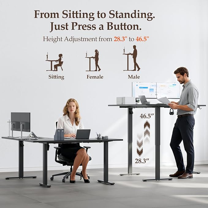 Klicelor L Shaped Standing Desk 63 x 55.1 Inch Dual Motors, Electric Height Adjustable Corner Desk for Home Office Workstation, Ergonomic Sit Stand Computer Table with Memory Controller, Black